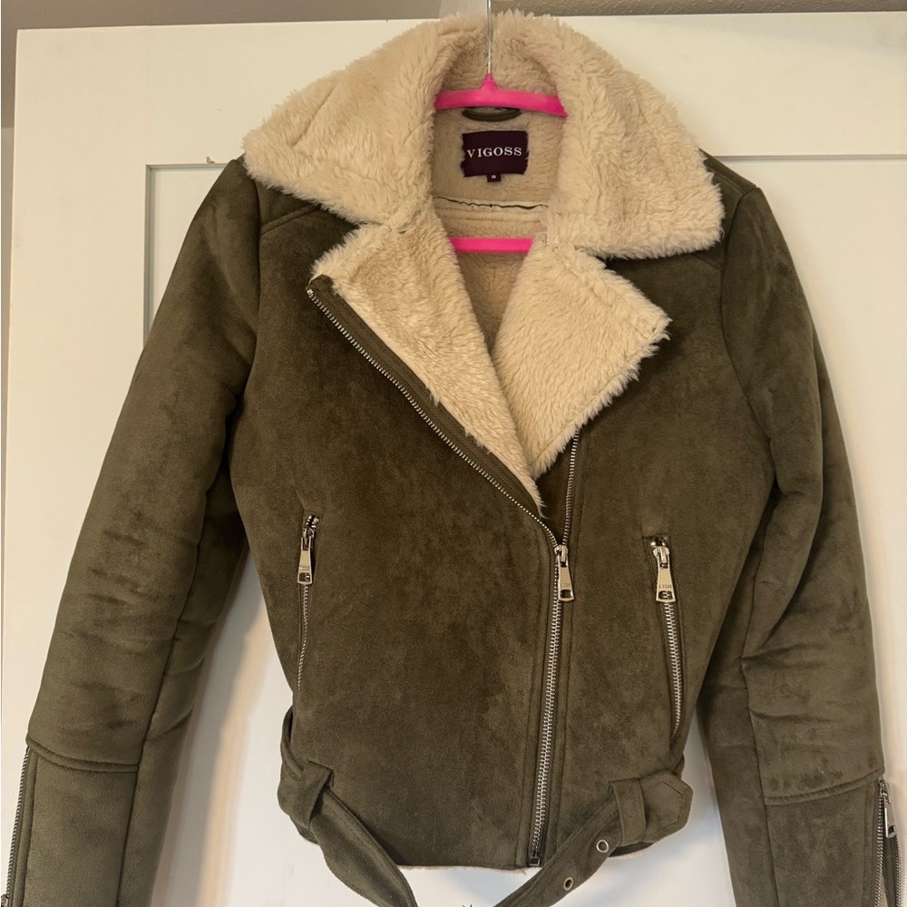 Olive Green Suede Jacket with Cream faux fur Lining